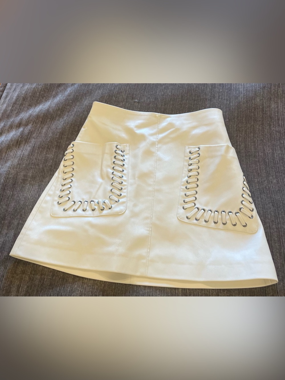 Cream Faux Leather A-Line Mini Skirt with Eyelet Pocket Detail
